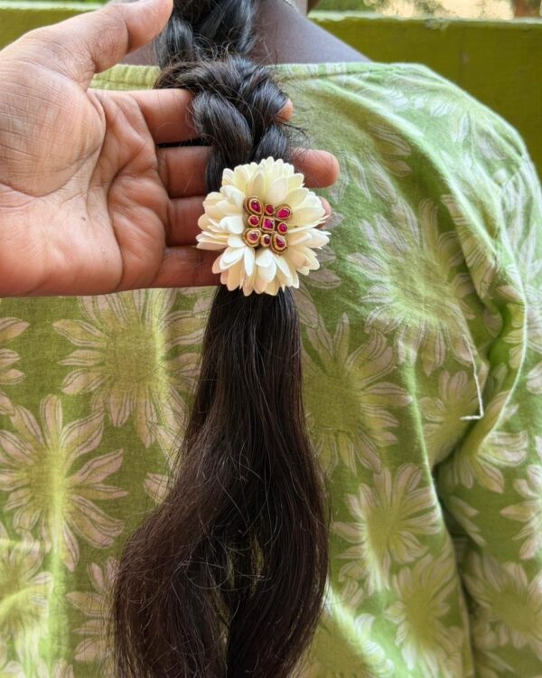 Pink Kolam kundan with Mullai 
Hair Ties