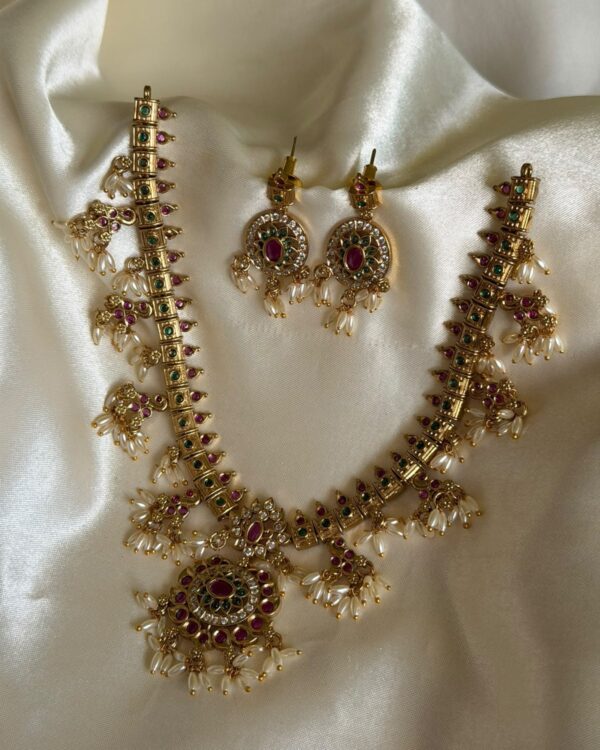 Premium Brass Pearls Hanging Necklace And Earrings Sets
